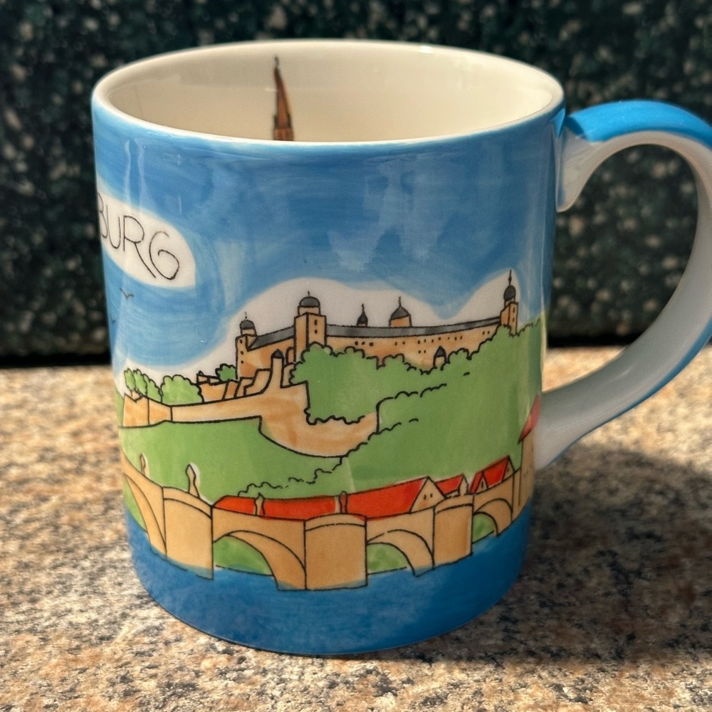 German City Wurzburg Mila Hand Painted Blue and Tan Scenic Dining Mug